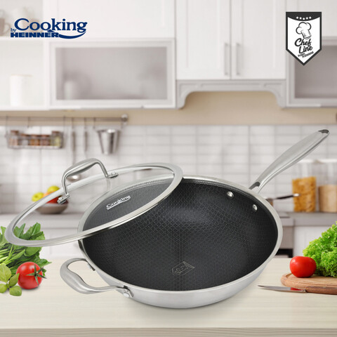 Tigaie Wok 4.5 L, Titanium3, Cooking by Heinner, 30x8.5 cm, inox/sticla, argintiu