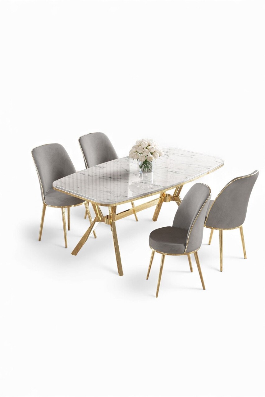 Set masă și scaune (5 bucăți), Hanah Home, Lena, Marmură albă / Auriu / Gri - view 2