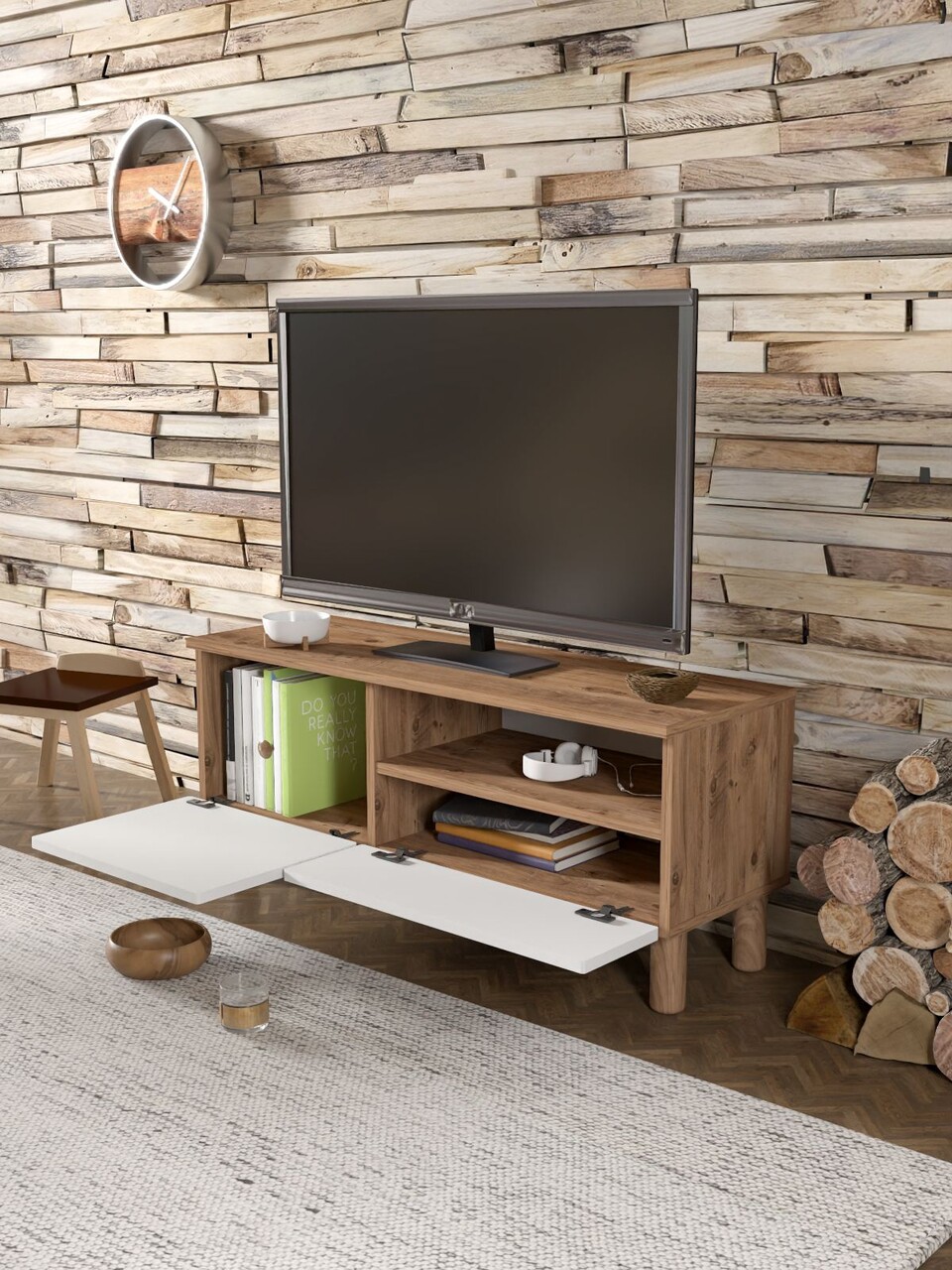 Comoda TV, Hanah Home, Serenta 105, 104x47x35 cm, PAL, Pin Atlantic / Alb - view 3