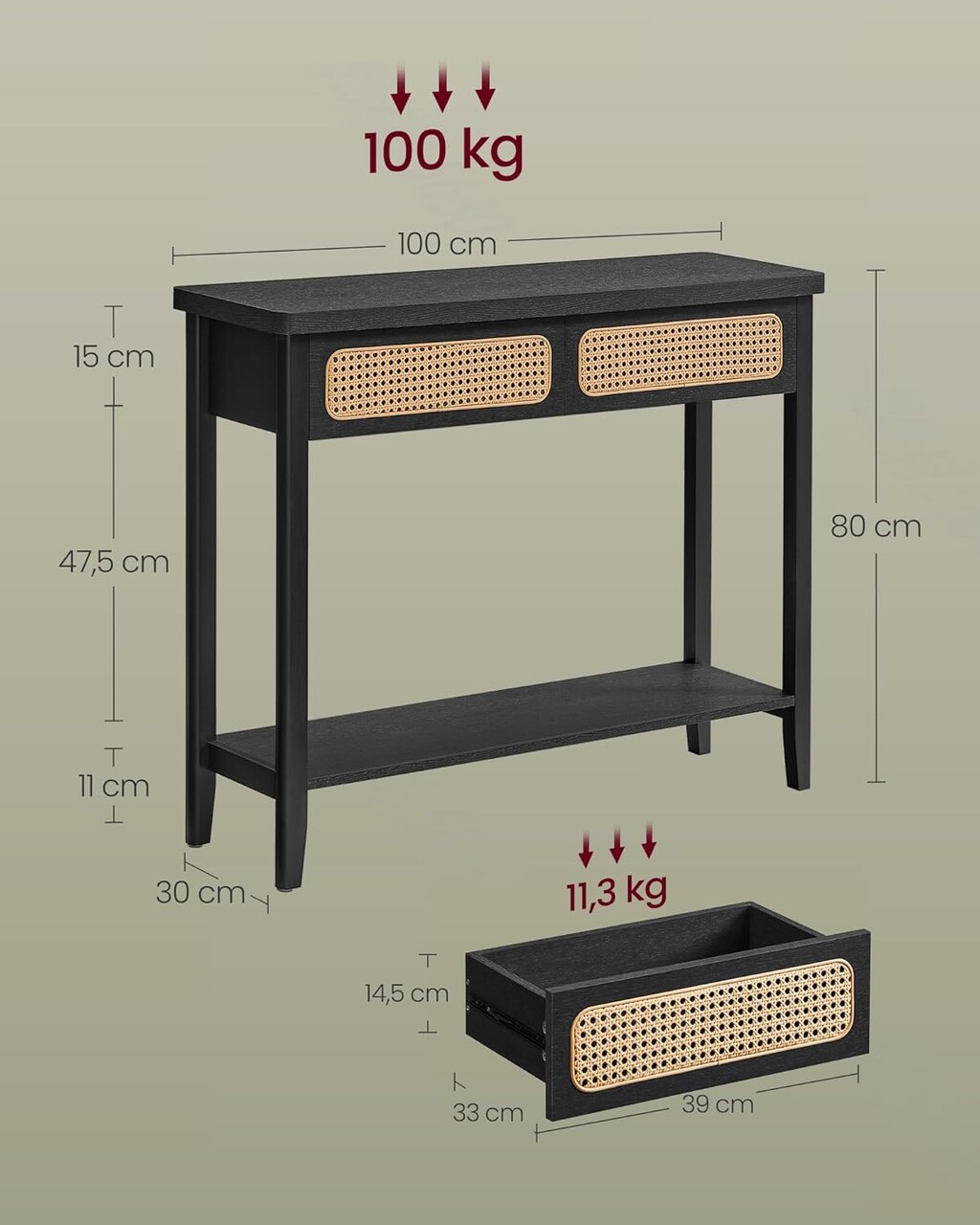 Consola cu 2 sertare Vasagle, Boho Chic, 100x30x80 cm, PAL/MDF, negru