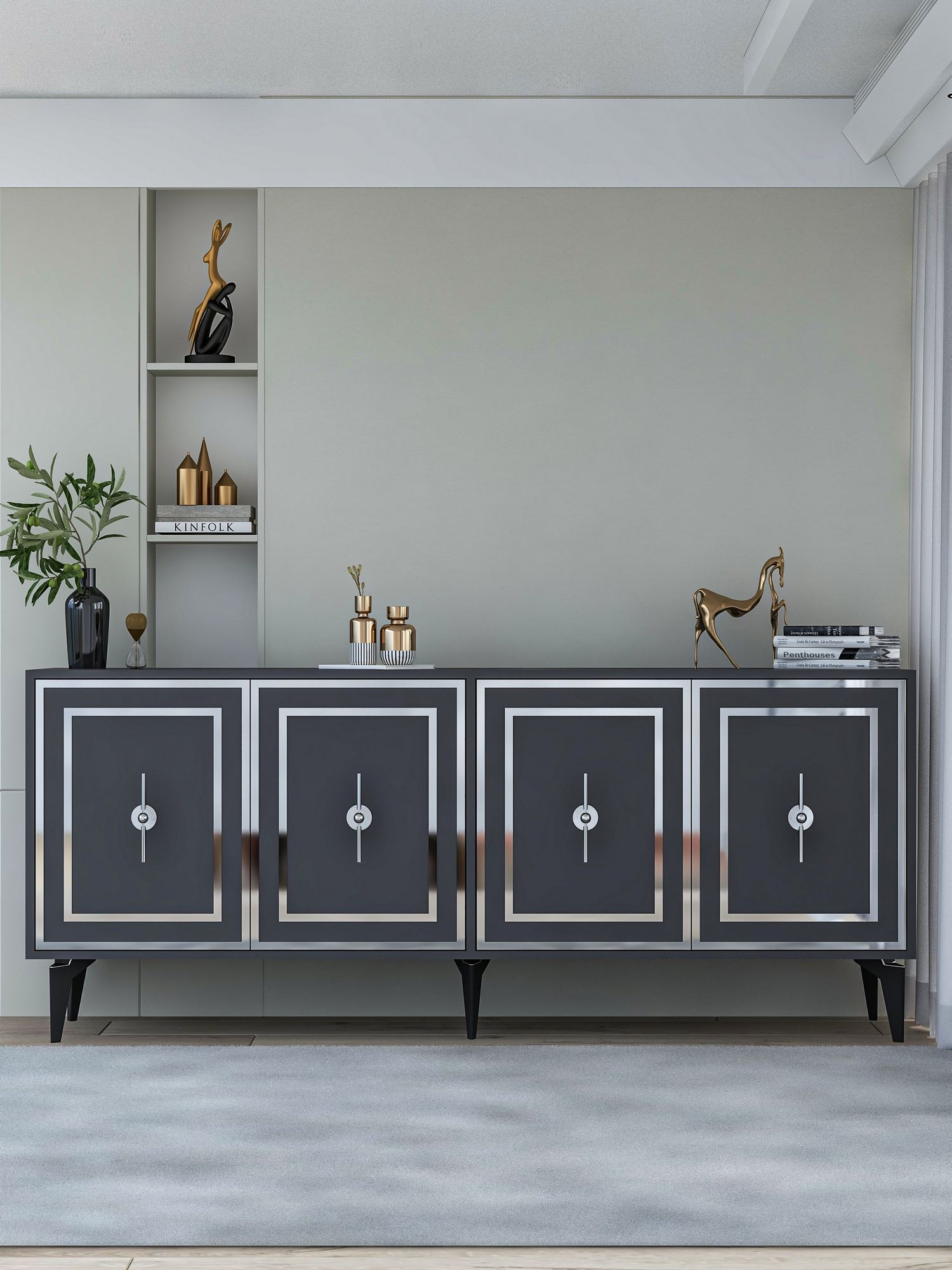 Consola, Hanah Home, Samba, 180x78.6x35 cm, PAL , Antracit / Argintiu