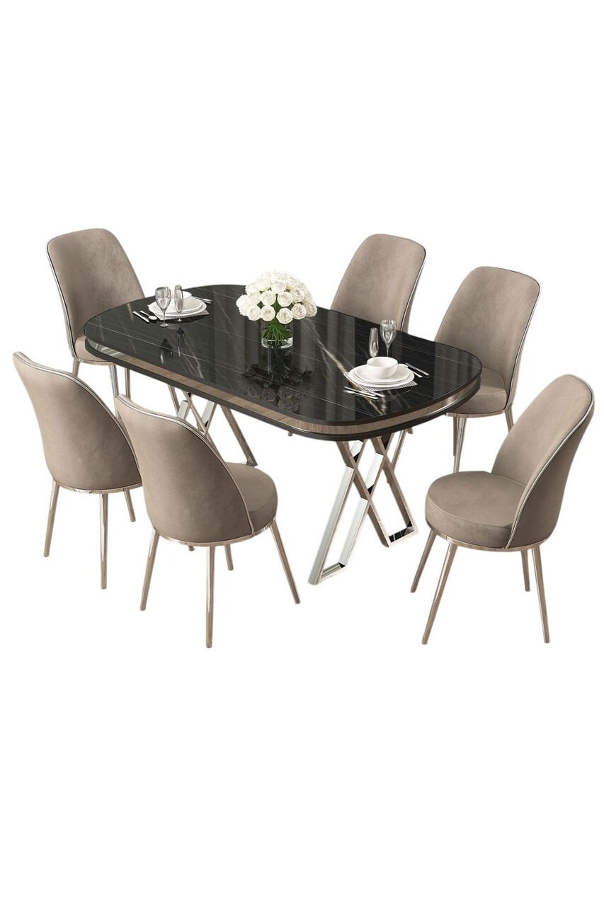 Set masă și scaune (7 piese), Hanah Home, Lai, Marmură neagră / Crom / Cappuccino - imagine 2