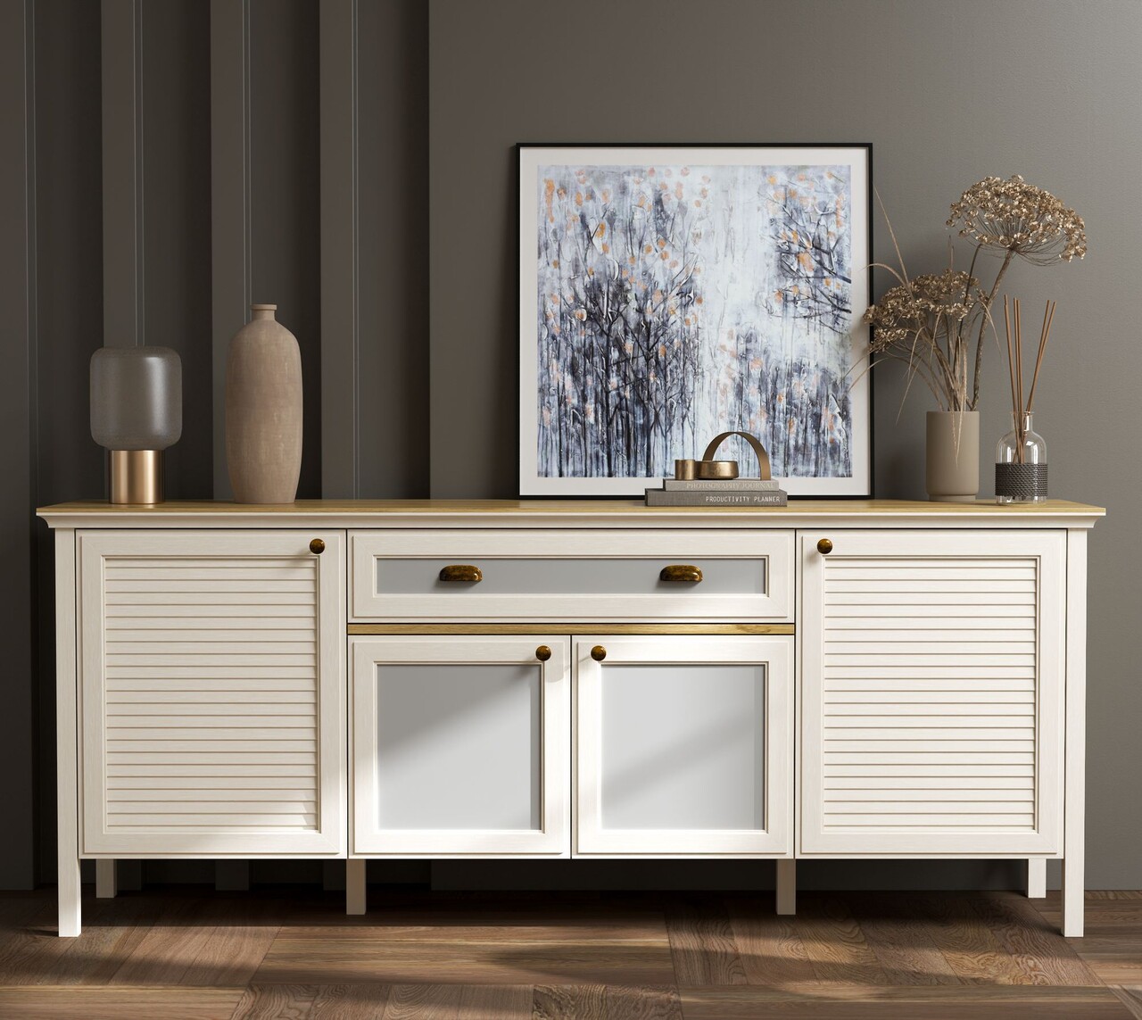 Consola, Hanah Home, FRN-21008, 201.8x82x44.2 cm, PAL, Crem / Stejar / Gri - view 2