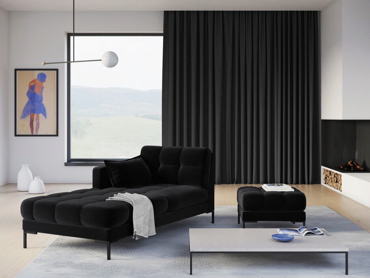 Taburet, Mamaia, Micadoni Home, BL, 60x60x41 cm, catifea, negru - 2 | YEO