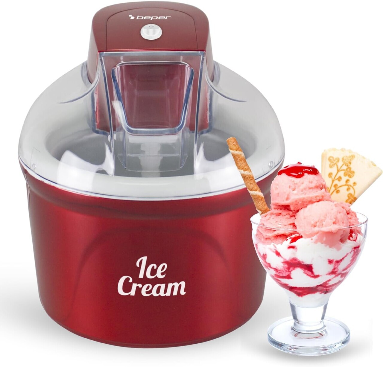 Aparat de facut inghetata si sorbet Beper, 12 W, 20x23 cm, ABS, rosu
