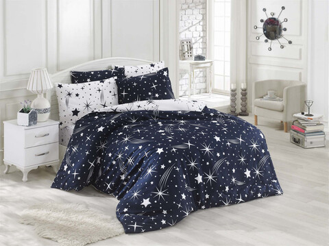Lenjerie de pat pentru o persoana, Halley - Dark Blue, EnLora Home, 65% bumbac/35% poliester