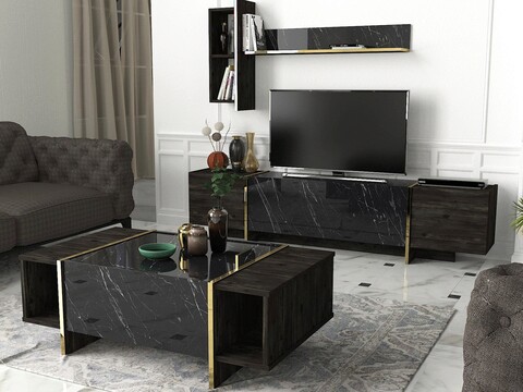 Set mobilier living, talon, veyron set 1, pal, negru / auriu