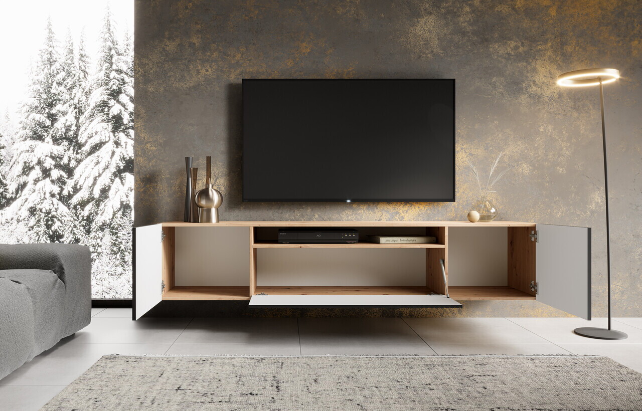 Comoda TV ADRK, Noemi, 200x41x40 cm, PAL melaminat/MDF, negru/artisan — imaginea 2