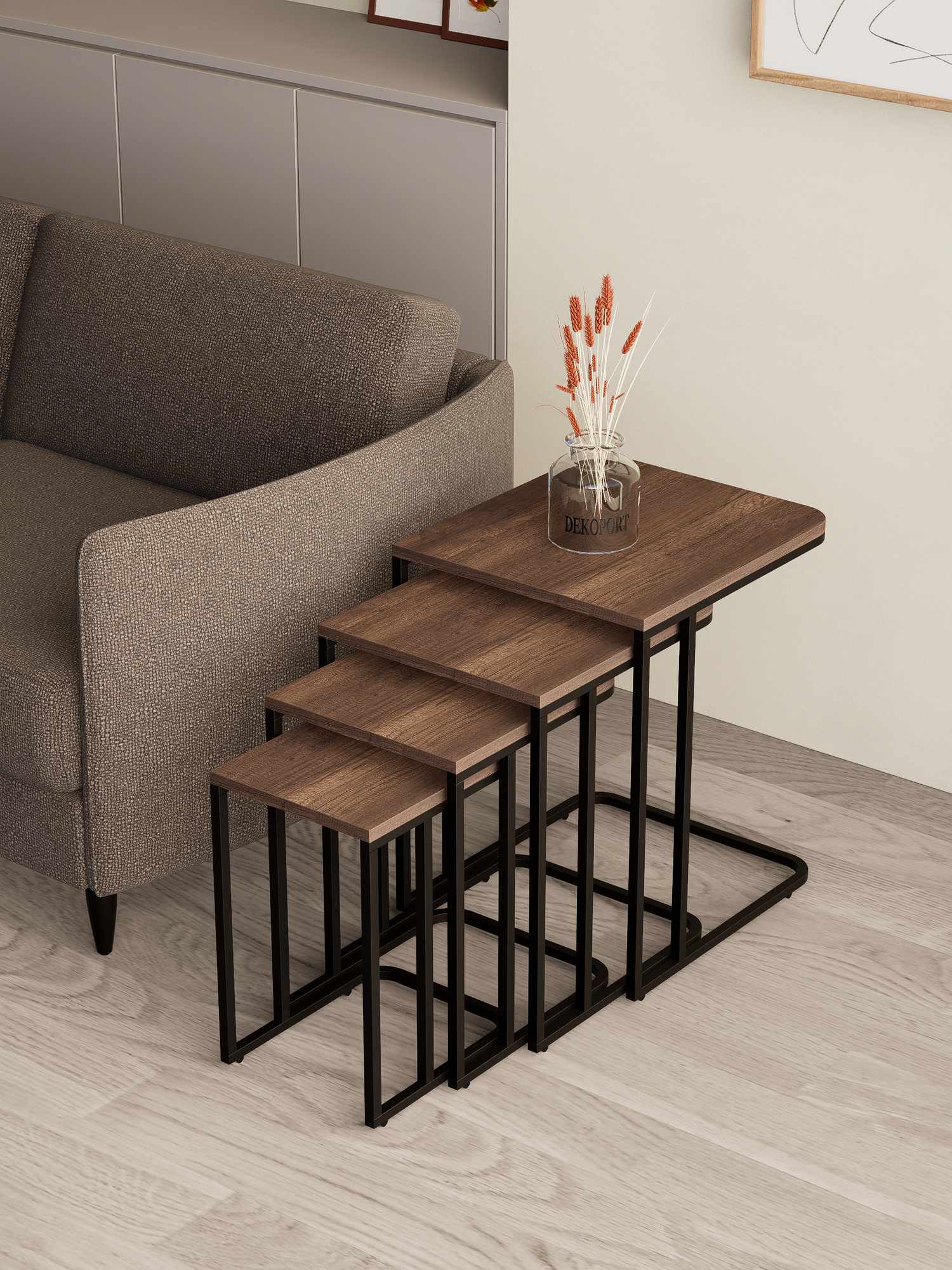 Set masute Nesting 4 piese, Hanah Home, Tekerli, Nuc negru