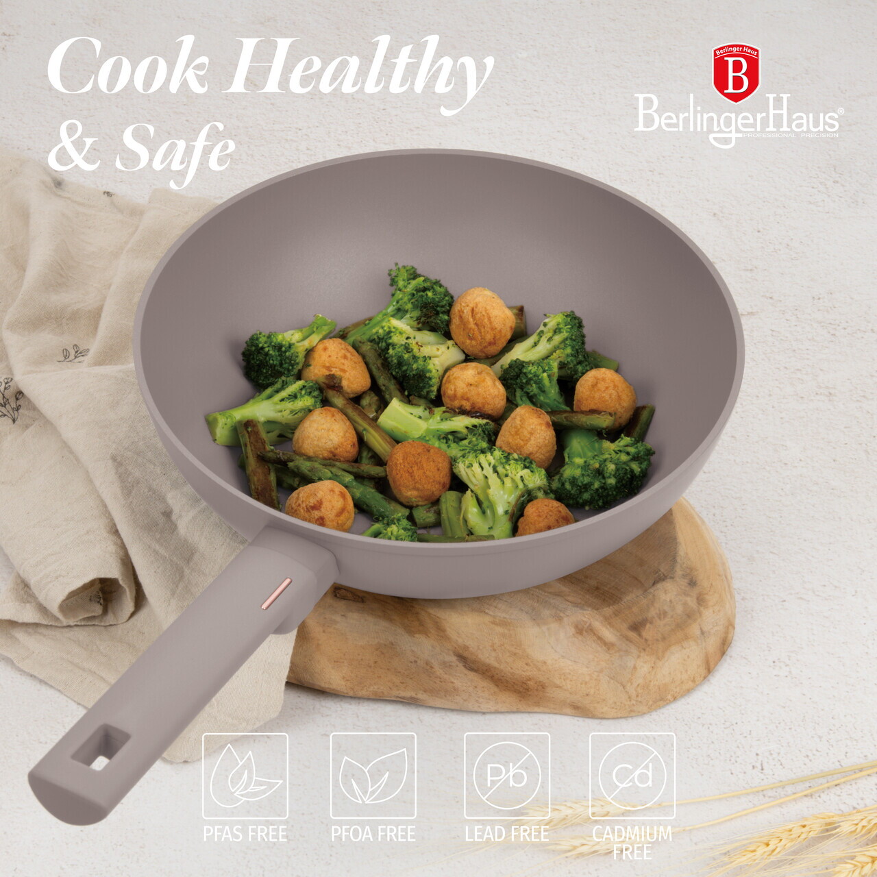 Tigaie Wok Berlinger Haus, Taupe, 28 cm, 3.2 L, aluminiu forjat, taupe mat - imagine 9