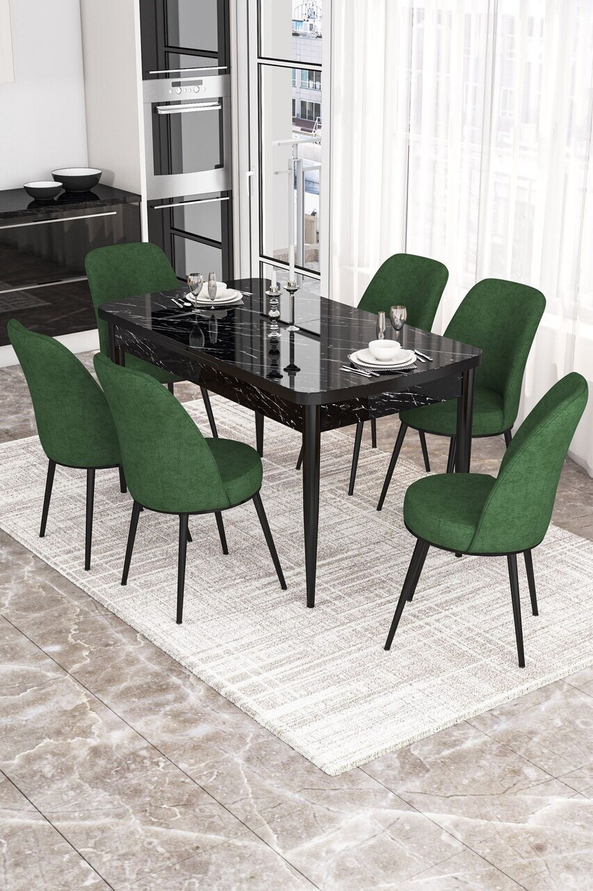 Set masa extensibila si scaune (7 piese), Hanah Home, Via, Model de marmură neagră / Verde kaki