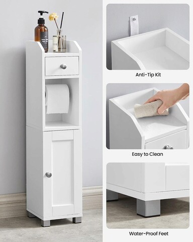 Dulap ingust pentru baie cu suport hartie igienica, Vasagle, 18 x 20 x 76.4 cm, MDF, alb