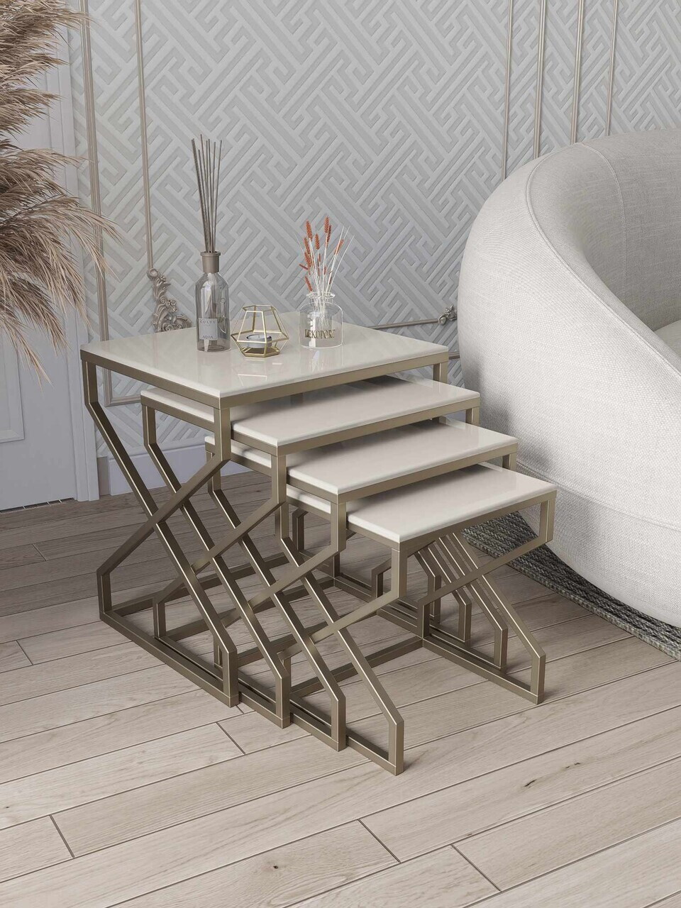 Set masute Nesting 4 piese, Hanah Home, Ela, Antic / Crem