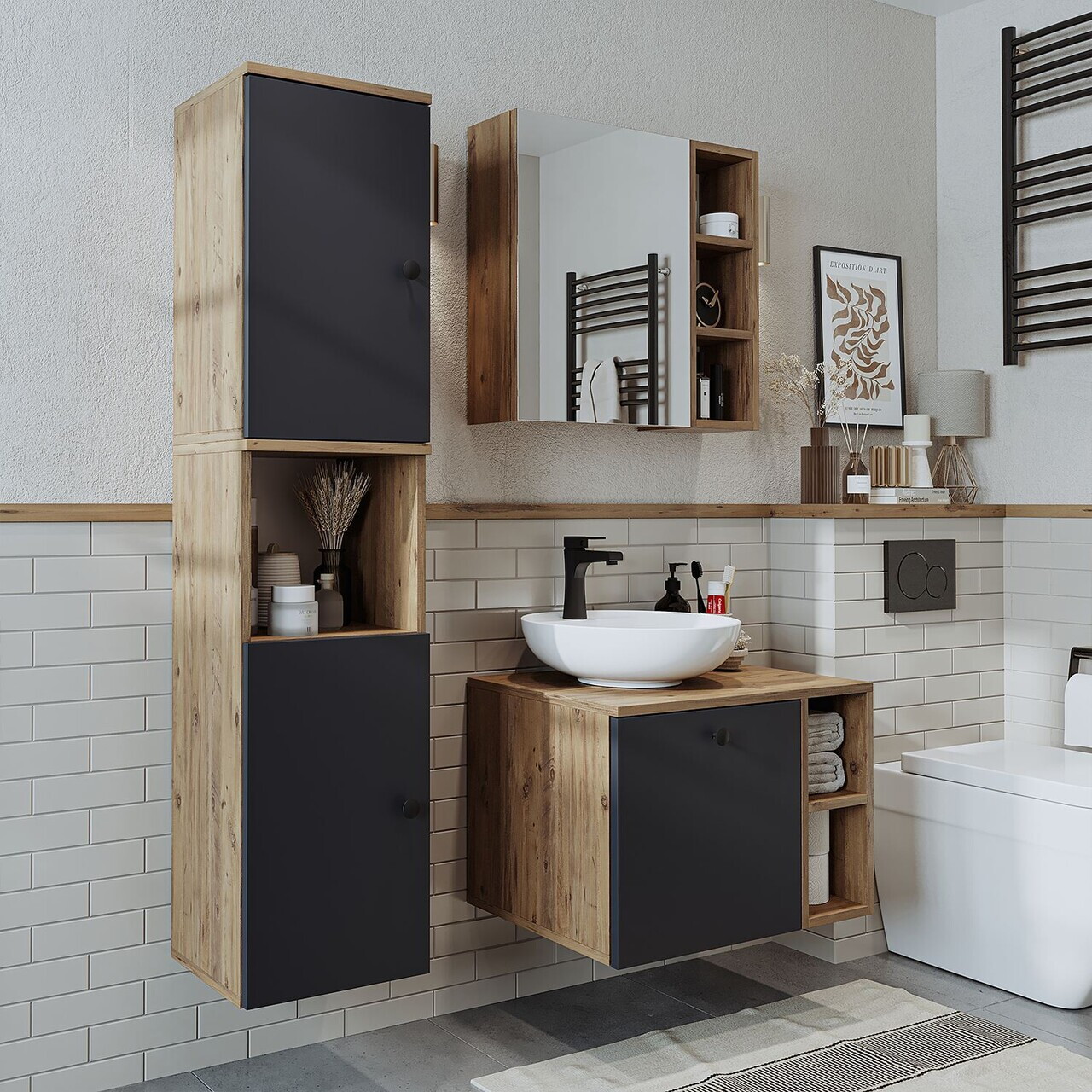 Set Dulap de Baie cu Chiuvetă și Oglindă (3 Piese), Hanah Home, 2471, MDF, Pin Atlantic / Antracit — imaginea 2