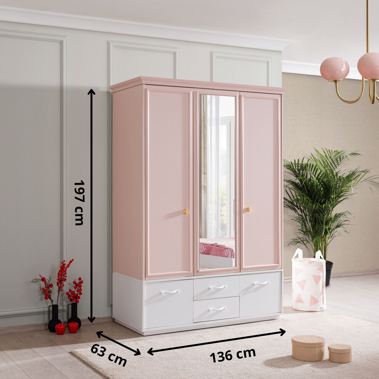 Dulap pentru haine, Hanah Home, Rosa, 136x197x63 cm, PAL, Roz/Alb - view 7