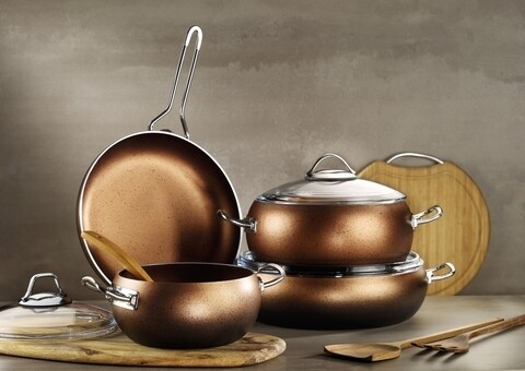 Set oale si tigai, 7 piese, Kutahya Porselen, ADR07TSGRNBKRSYH, aluminiu/sticla, maro