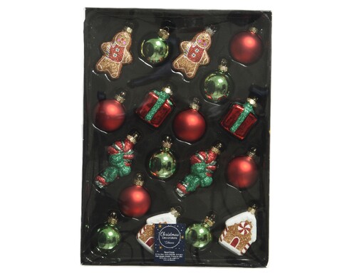 Set 18 globuri Gingerbread man & Candy cane, Decoris, sticla, rosu/verde