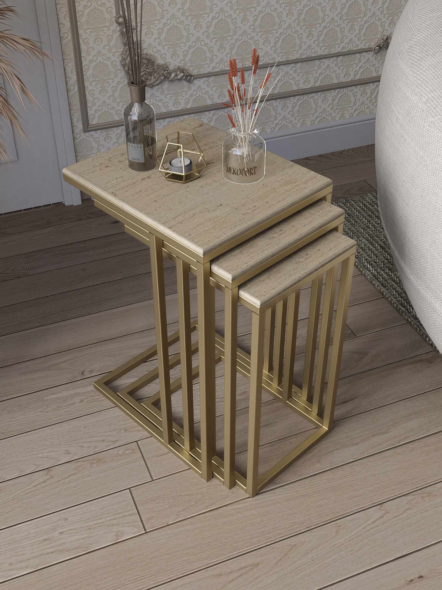 Set masute 3 piese, Hanah Home, Mira, Aur / Travertin