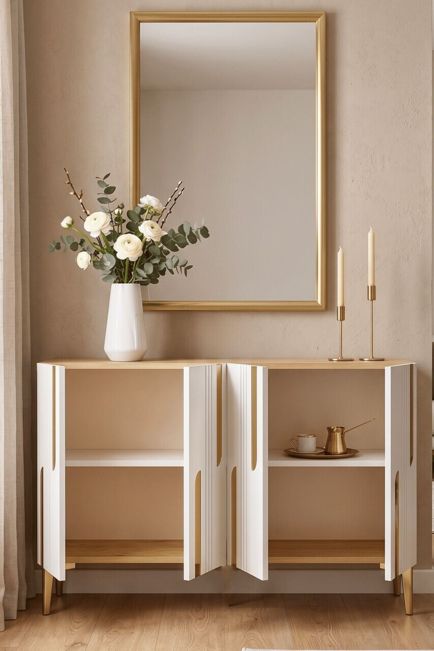 Consola, Hanah Home, Nota 120, 120x75x32 cm, Stejar Safir / Alb / Auriu — imaginea 3