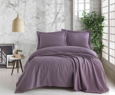 Set cuvertura de pat dubla Pique, 3 piese, 220×240 cm, 100% bumbac, Saheser, STN, mov 100