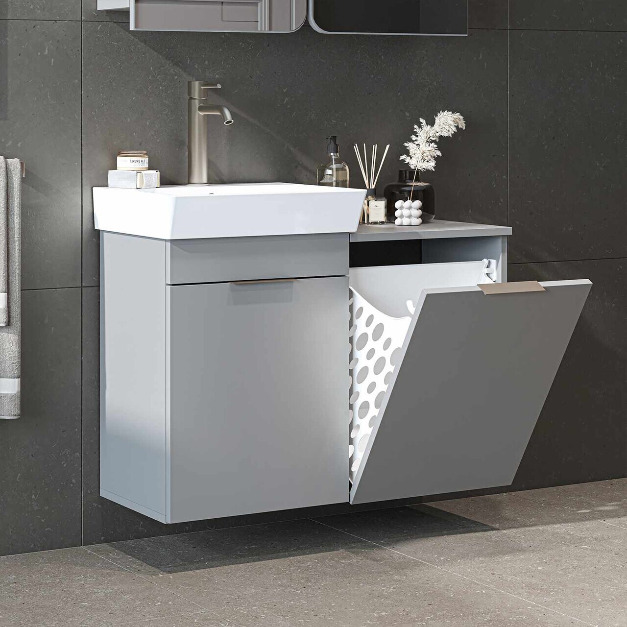 Dulap de baie cu chiuvetă, Hanah Home, Dubai Sepetli, 92.2x69.5x38.6 cm, PAL, Gri deschis