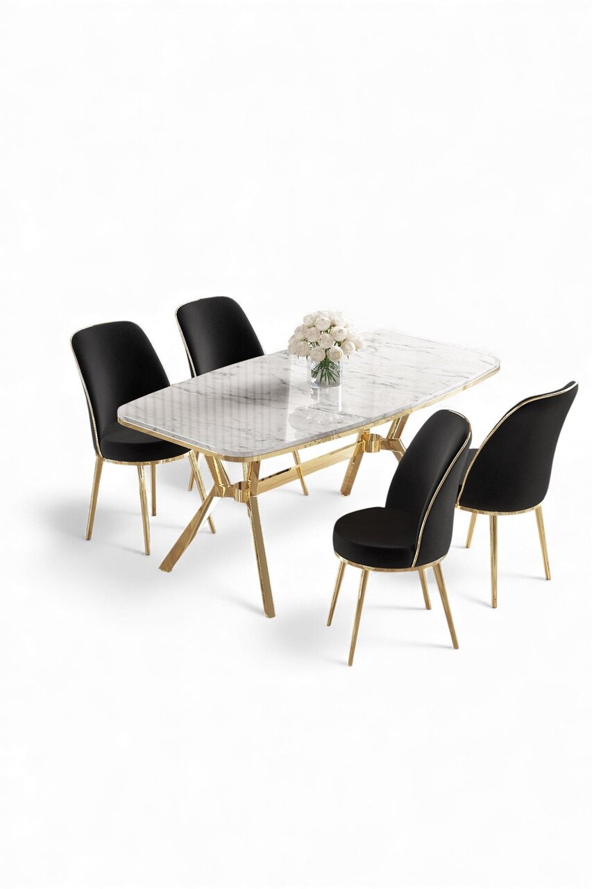 Set masă și scaune (5 bucăți), Hanah Home, Lena, Marmură albă / Auriu / Negru - view 2