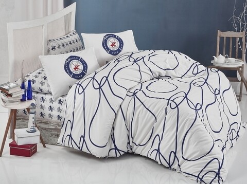Lenjerie de pat dubla, Beverly Hills Polo Club, 039 White Blue, 4 piese, bumbac ranforce, multicolor Beverly Hills Polo Club