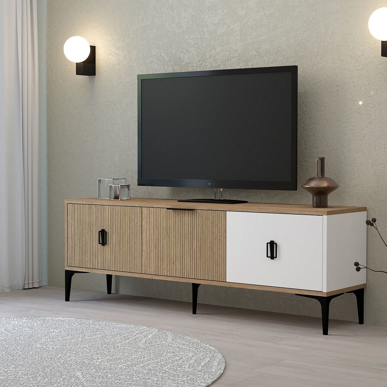 Comoda TV, Hanah Home, Neva 3502, 150x50x35 cm, PAL, Stejar / Alb — imaginea 3