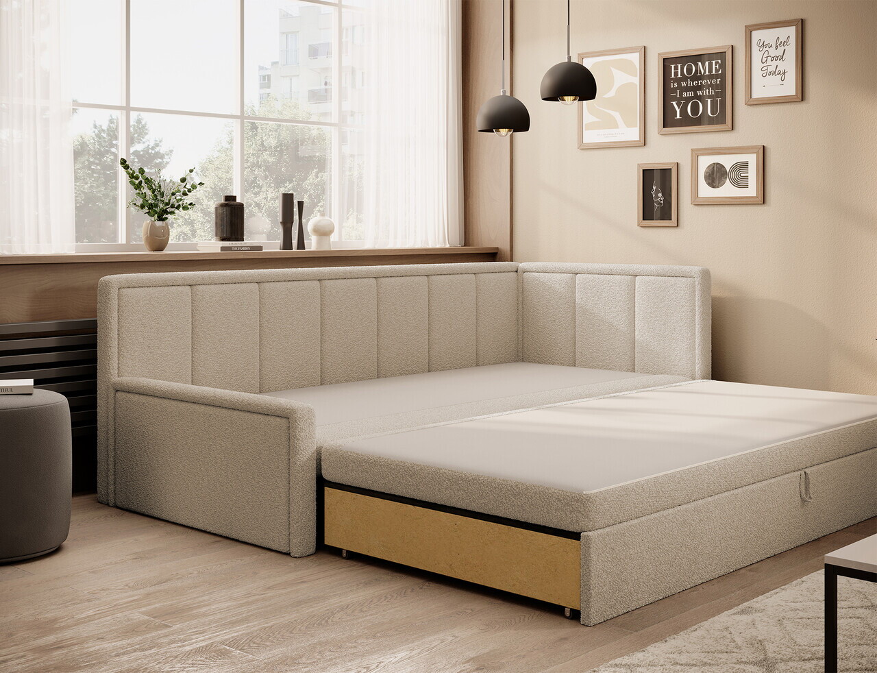 Canapea extensibila brat dreapta 3 locuri ELTAP, Fulgeo, 214x82x77 cm, lemn/catifea din poliester, bej - view 3