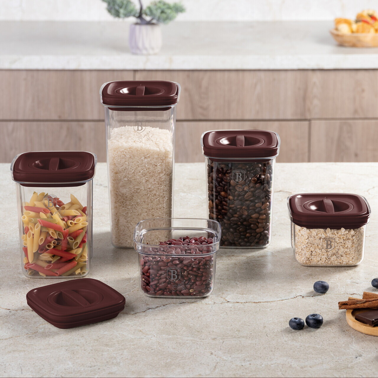 Set 5 recipiente depozitare Berlinger Haus, Leonardo, 460 ml / 1.1 L / 1.5 L, plastic, transparent/visiniu - imagine 7