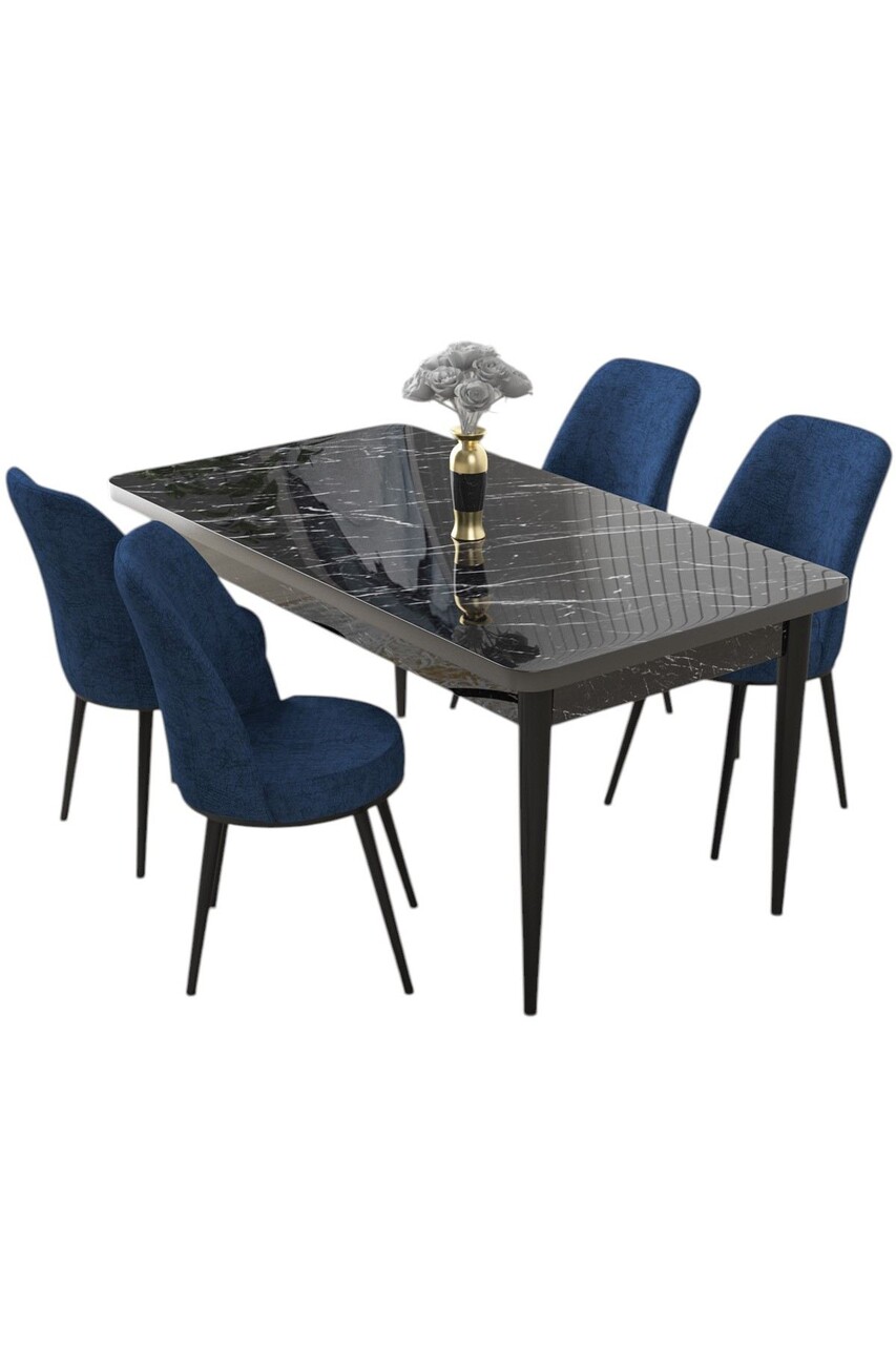 Set masă și scaune (5 bucăți), Hanah Home, Nil, Marmură neagră / Albastru marin - view 2