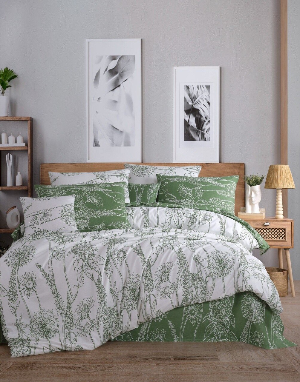 Lenjerie de pat dubla, L'essentiel Maison, Lara, Alb/Verde