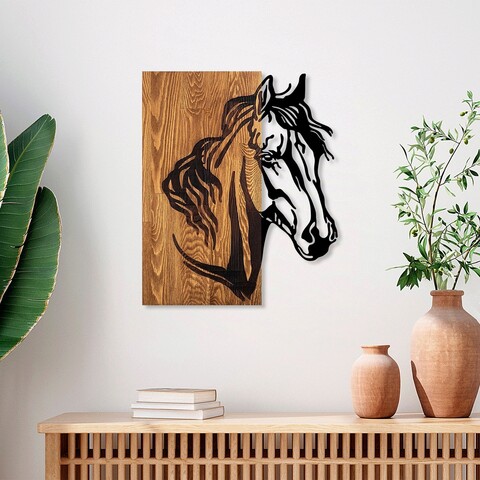 Decoratiune de perete, horse 1, lemn/metal, dimensiune: 48 x 57 cm, nuc / negru