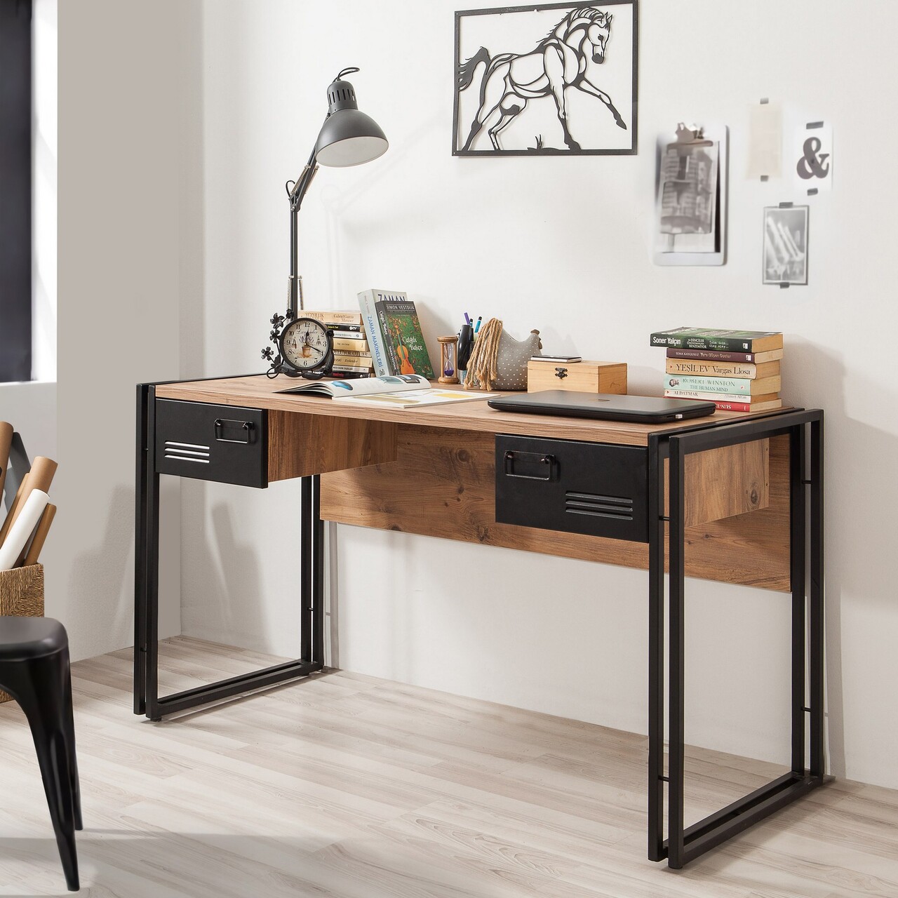 Set de mobilier pentru camera de studiu, Hanah Home, COSMO-TKM.8, Pin Atlantic / Negru — imaginea 8