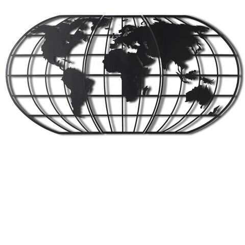 Decoratiune de perete, World Map Globe Led, Metal, Dimensiune: 60 x 120 cm, Negru