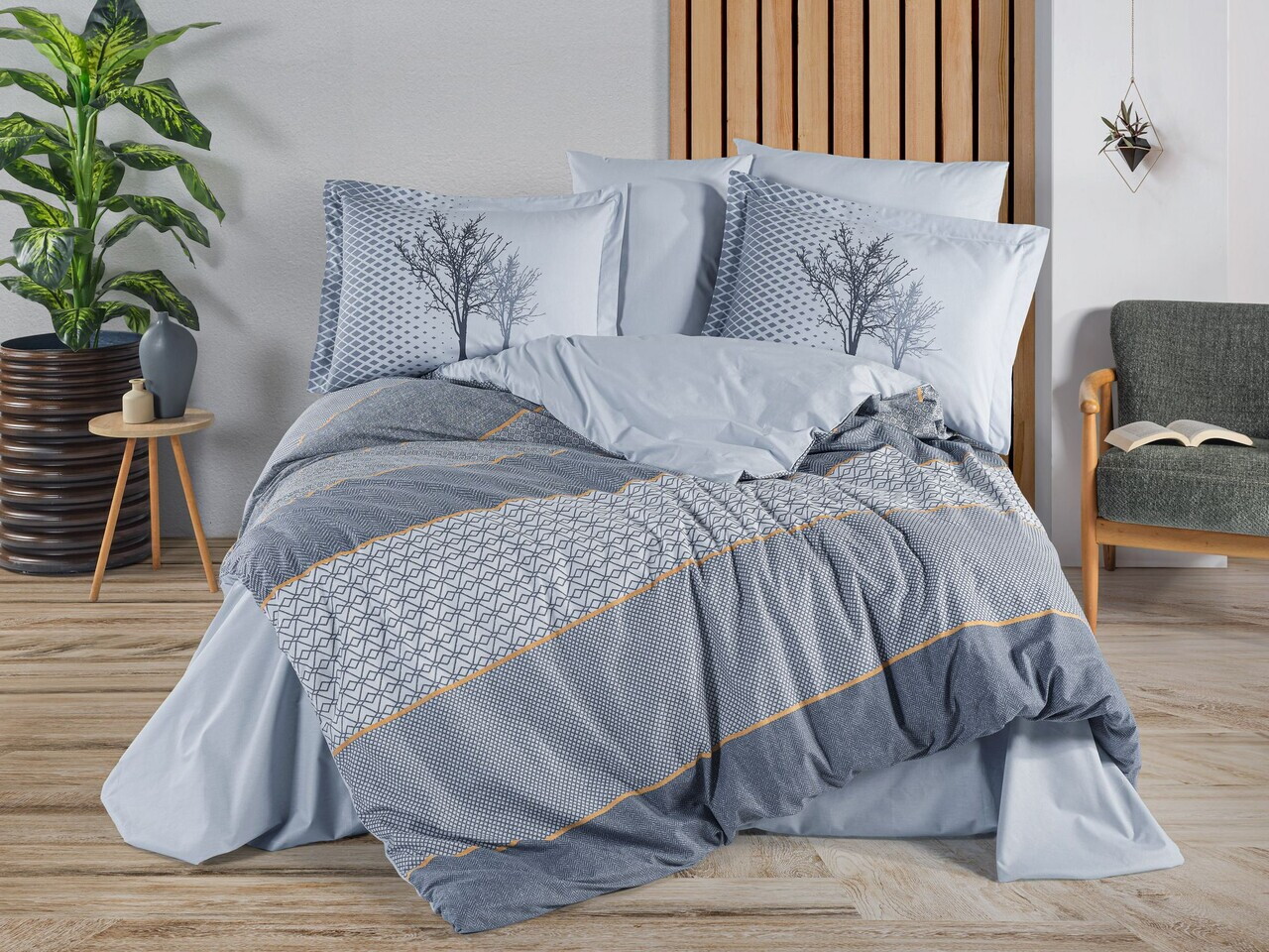 Lenjerie de pat dubla 4 piese L'essentiel Maison Tanya POPLIN DE BUMBAC Indigo