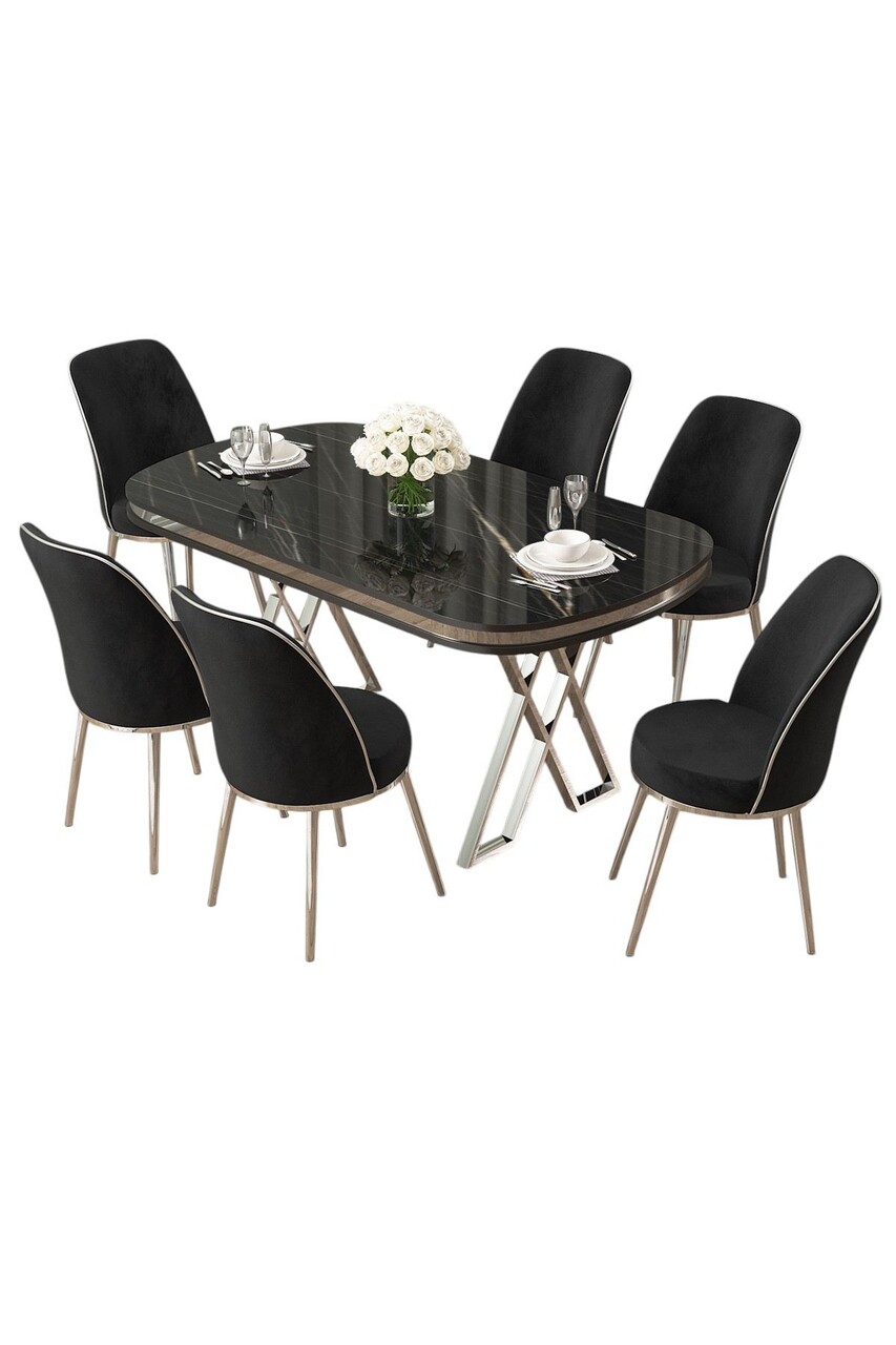 Set masă și scaune (7 piese), Hanah Home, Lai, Marmură neagră / Crom / Negru - imagine 2