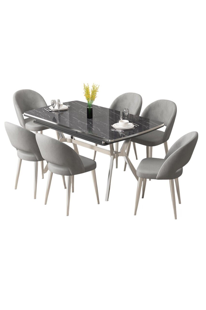 Set masa extensibila si scaune (7 piese), Hanah Home, Weps, Model de marmură neagră / Crom / Gri — imaginea 2