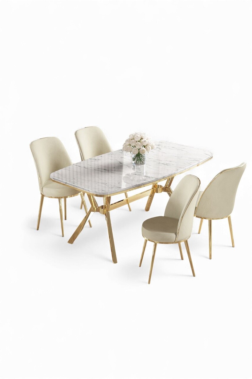 Set masă și scaune (5 bucăți), Hanah Home, Lena, Marmură albă / Auriu / Crem - view 2