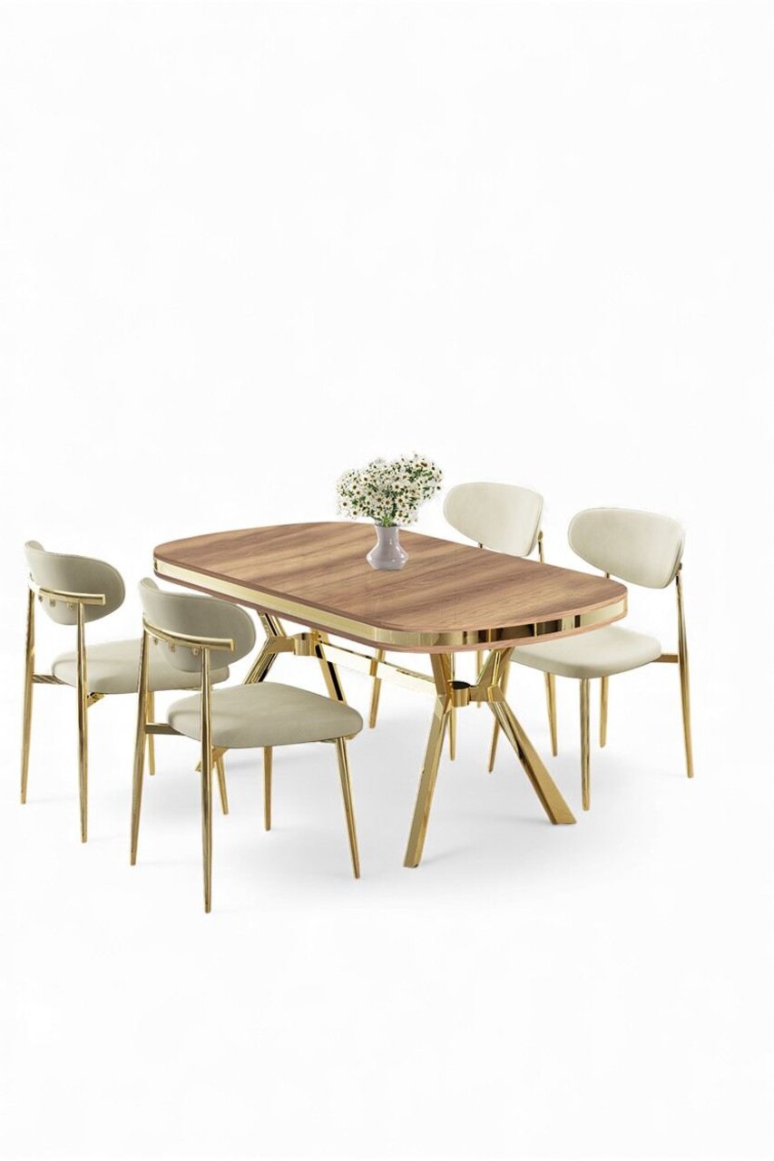 Set masă și scaune (5 bucăți), Hanah Home, Olya, Stejar / Auriu / Crem - view 2