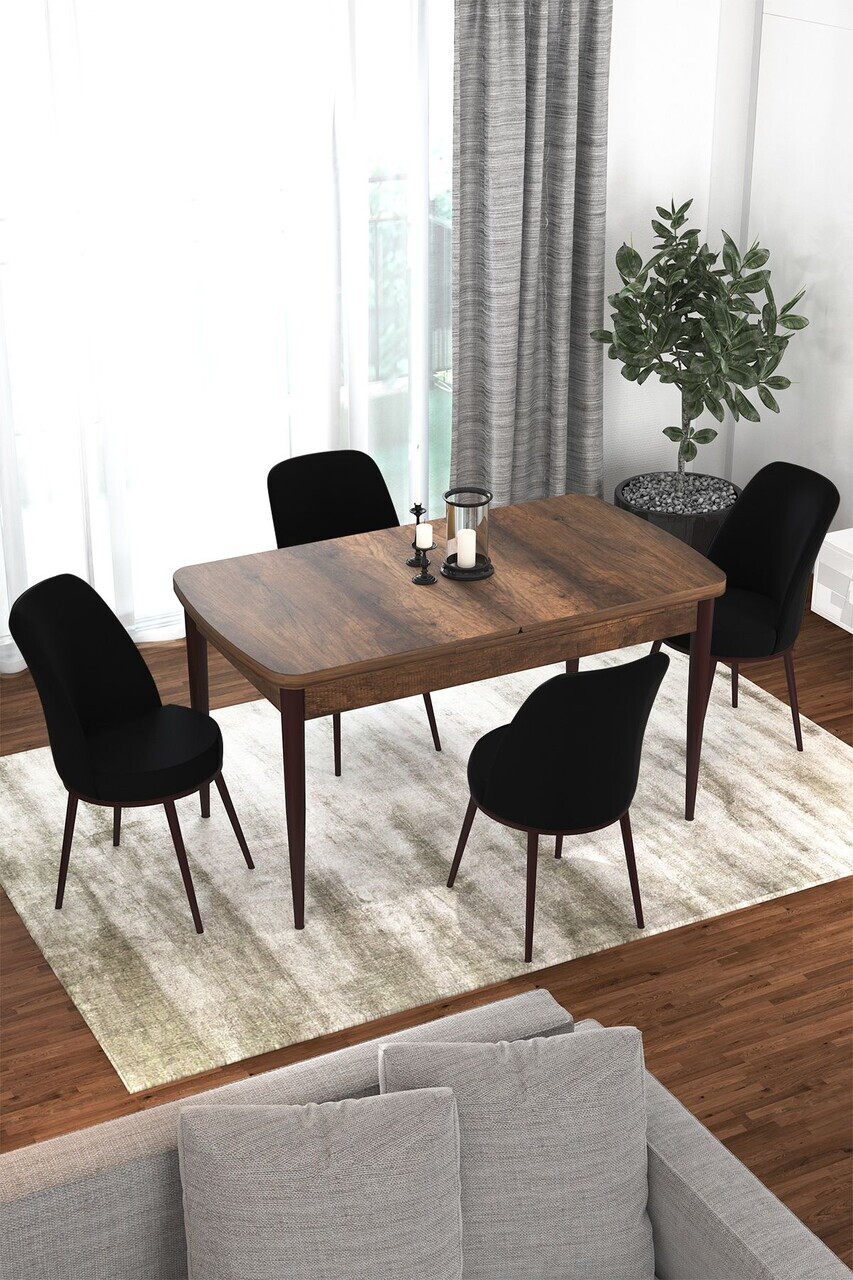 Set masa extensibila si scaune (5 piese), Hanah Home, Via, Model baroc din lemn / Negru