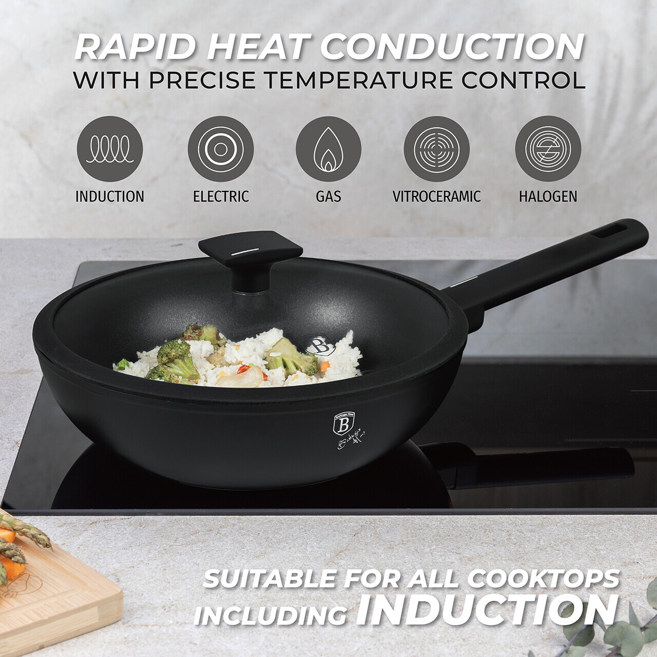 Tigaie Wok cu capac Berlinger Haus, Matte Black, 28 cm, 3.2 L, aluminiu forjat, negru - imagine 10