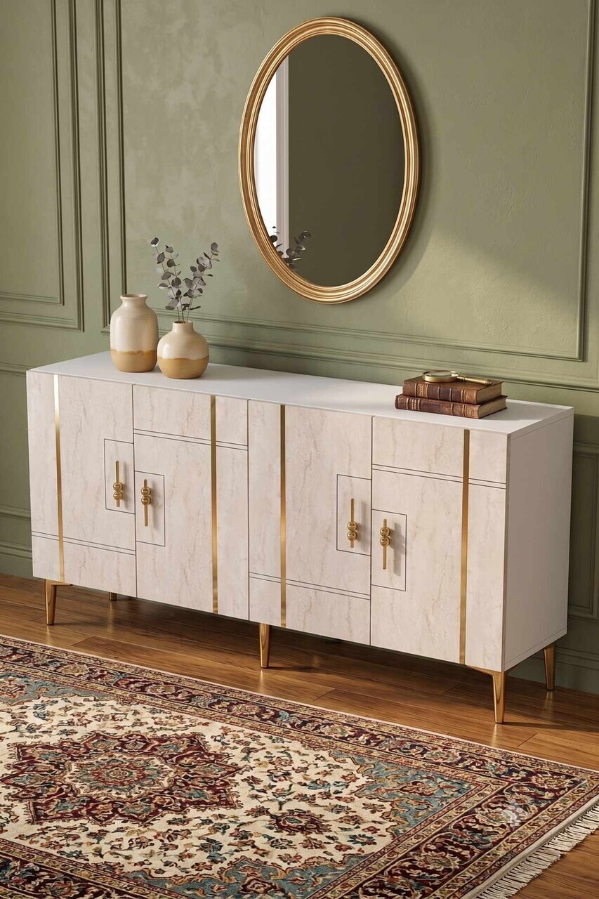 Consola, Hanah Home, Ilay 150, 150x75x32 cm, White / Travertine / Gold