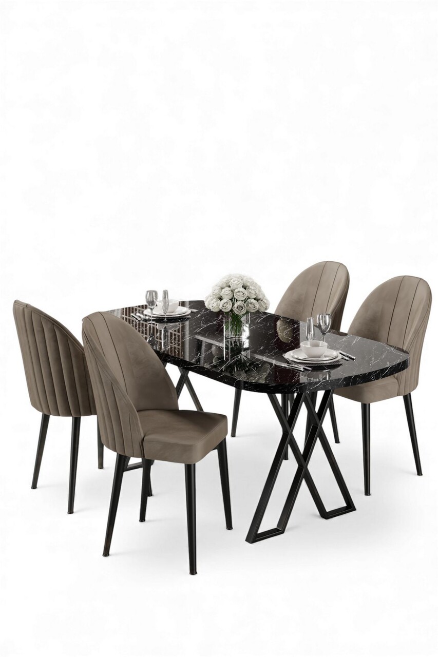 Set masă și scaune (5 bucăți), Hanah Home, Kaye, Marmură neagră / Cappuccino - view 2