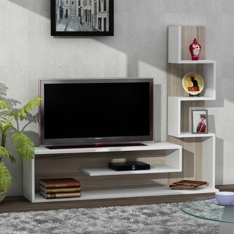 Comoda TV cu raft, Wooden Art, Metehan White Cordoba, 149.5×120.8×29.5 cm 149.5x120.8x29.5
