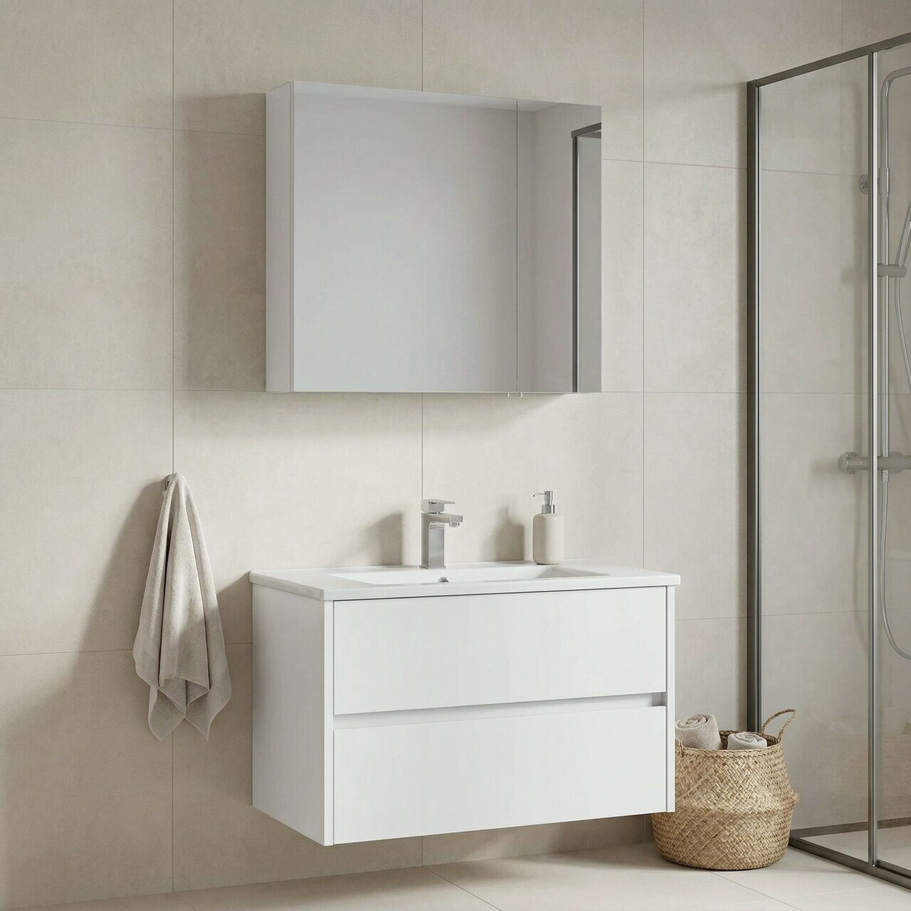 Set Dulap de Baie cu Chiuvetă și Oglindă (2 Piese), Hanah Home, Side 85 v2, Alb mat — imaginea 2