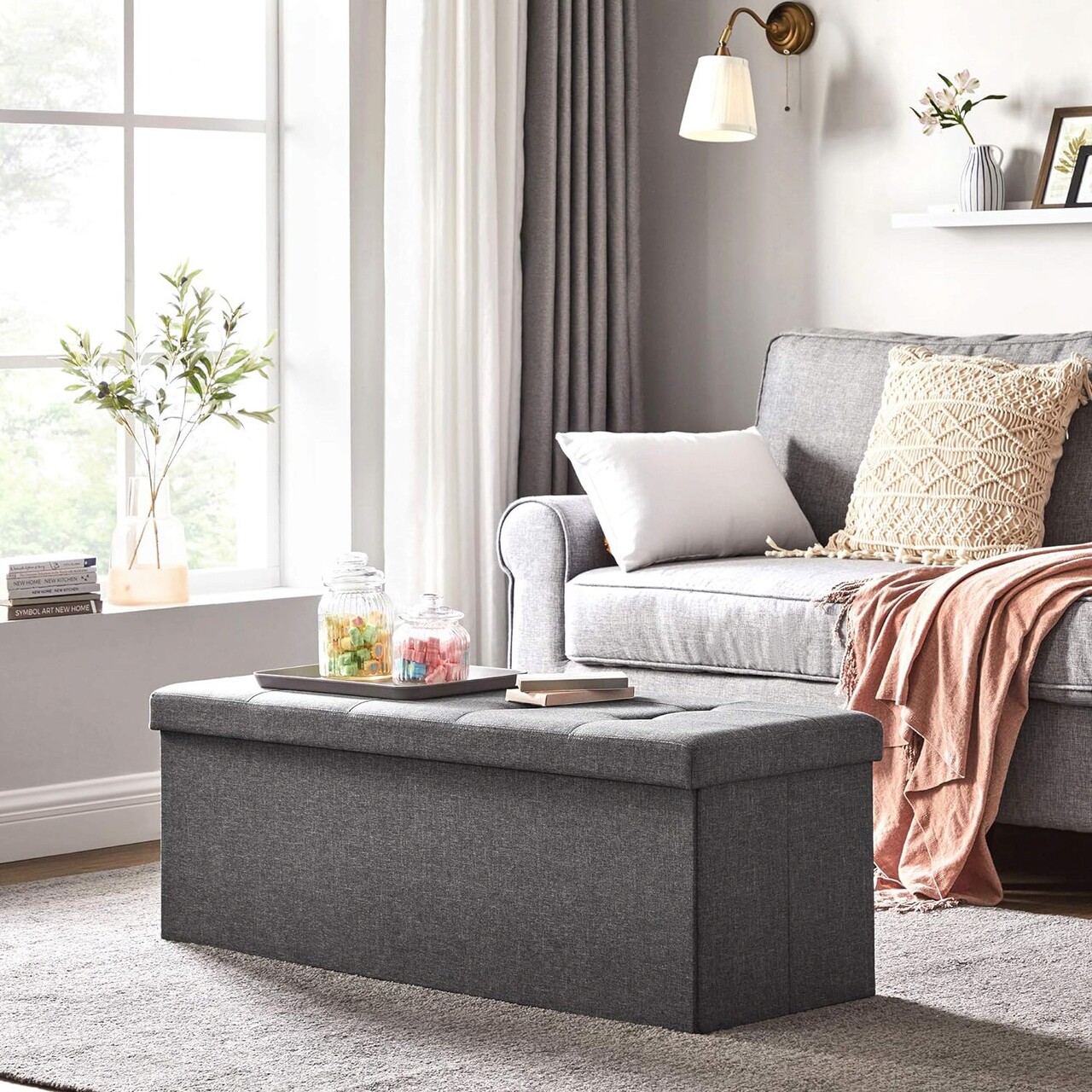 Bancheta cu spatiu pentru depozitare Ottoman Classic, Songmics, 110 x 38 x 38 cm, pliabila, imitatie in/MDF, gri inchis