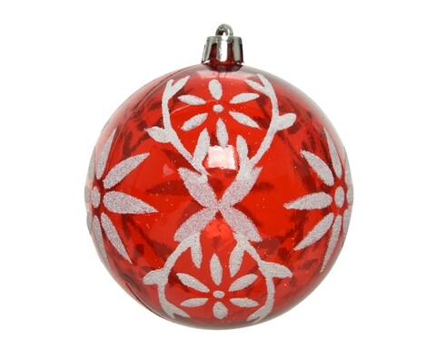 Glob Bauble w leaves-flowers, Decoris, Ø8 cm, plastic, rosu/alb