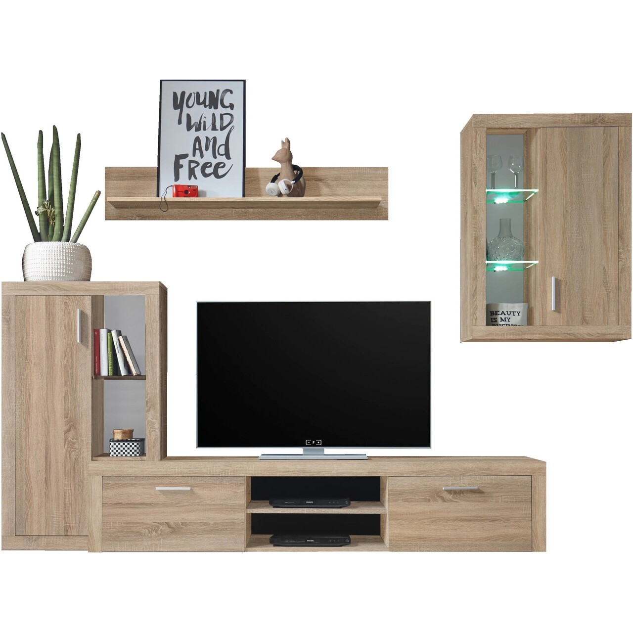 Mobilier Living, Berlin, 1 X Vitrina, 1 X Vitrina Supendata, 1 X Comoda TV, 1 X Raft Perete, 270 X 192 X 40 Cm, PAL, Sonoma