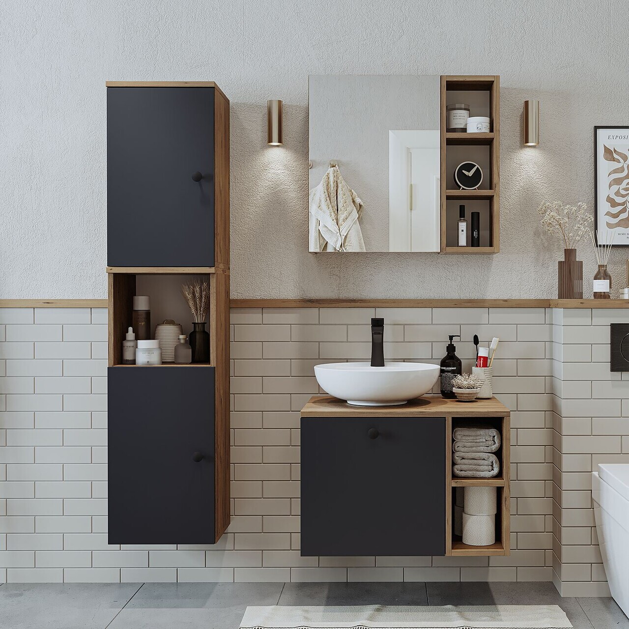 Set Dulap de Baie cu Chiuvetă și Oglindă (3 Piese), Hanah Home, 2471, MDF, Pin Atlantic / Antracit — imaginea 3